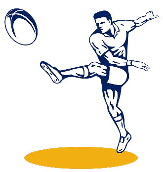 Stylised illustration of a rugby player in the midst of a kick, wearing a jersey. The rugby ball soars to the left. Blue and white tones against a black background.