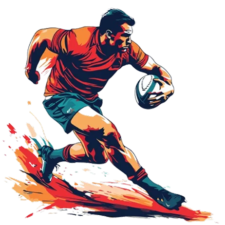 Stylised illustration of a rugby player in motion, holding a ball. Dynamic lines and bright colours convey energy and intensity against a black background.